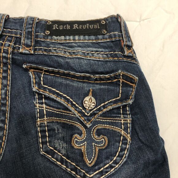 Rock Revival Jeans Womens Size 27" Waist Patti Boot Distressed Blue Flap Pockets - Picture 10 of 12